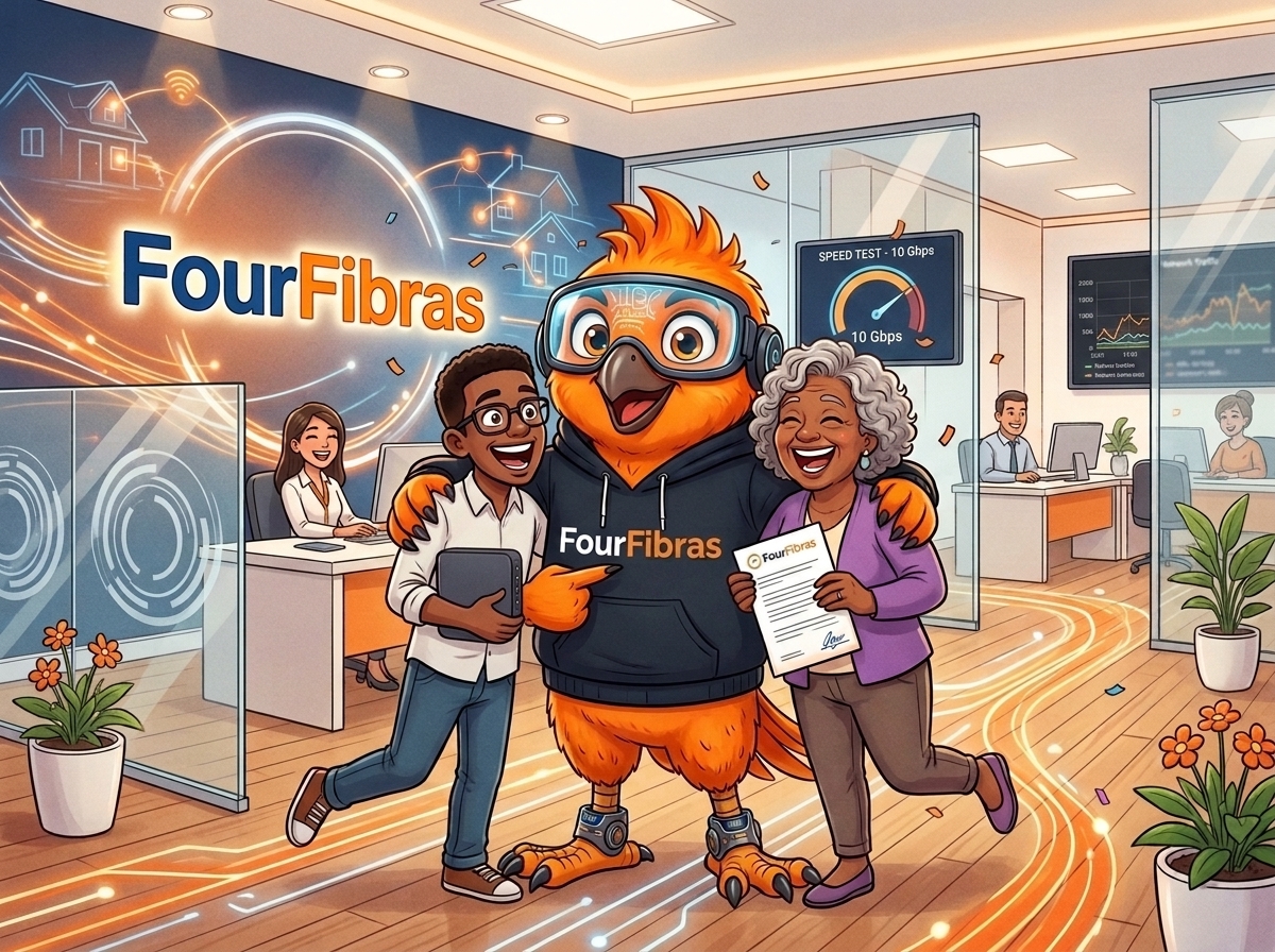 Mascote Laranjinha abraçando e comemorando com dois clientes no escritório
